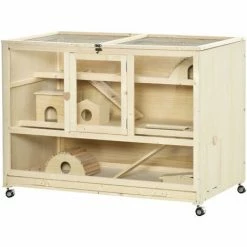 PawHut Cage XXL Pour Hamsters Souris Petits Rongeurs 3 Niveaux Multi-équipement Bascule Rampes Cottages Tiroir Excrément Roulettes Bois De Sapin Plexiglas Métal - Beige