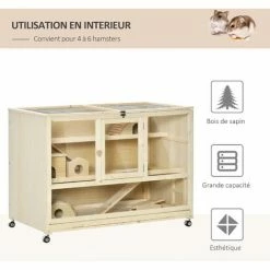 PawHut Cage XXL Pour Hamsters Souris Petits Rongeurs 3 Niveaux Multi-équipement Bascule Rampes Cottages Tiroir Excrément Roulettes Bois De Sapin Plexiglas Métal - Beige -PawHut Soldes Boutique 45847880 4