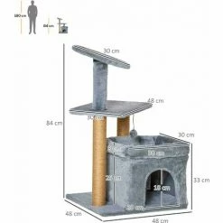 PawHut Arbre à Chat Griffoirs Grattoir Jute Naturelle Centre D'activités Niche Panier Plateforme Jeu Boule Suspendue Peluche Douce Gris -PawHut Soldes Boutique 46360315 3