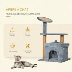 PawHut Arbre à Chat Griffoirs Grattoir Jute Naturelle Centre D'activités Niche Panier Plateforme Jeu Boule Suspendue Peluche Douce Gris -PawHut Soldes Boutique 46360315 4