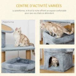 PawHut Arbre à Chat Griffoirs Grattoir Jute Naturelle Centre D'activités Niche Panier Plateforme Jeu Boule Suspendue Peluche Douce Gris -PawHut Soldes Boutique 46360315 5
