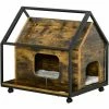 PawHut Maison Pour Chat Design Industriel - Niche Chat Sur Roulettes - Grand Coussin Inclus - Double Porte Et Sortie - Châssis Acier Noir Aspect Bois Vieilli - Marron -PawHut Soldes Boutique 46360316 1