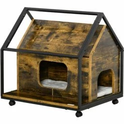 PawHut Maison Pour Chat Design Industriel - Niche Chat Sur Roulettes - Grand Coussin Inclus - Double Porte Et Sortie - Châssis Acier Noir Aspect Bois Vieilli - Marron