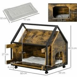 PawHut Maison Pour Chat Design Industriel - Niche Chat Sur Roulettes - Grand Coussin Inclus - Double Porte Et Sortie - Châssis Acier Noir Aspect Bois Vieilli - Marron -PawHut Soldes Boutique 46360316 3