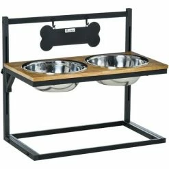 PawHut Gamelle Double Chien Porte-gamelles Surélevé Hauteur Réglable Dim. 58L X 32l X 50H Cm 2 Gamelles Acier Inox. Incluses Plateau Aspect Bois Clair - Beige