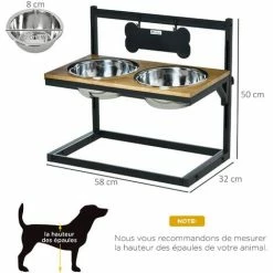 PawHut Gamelle Double Chien Porte-gamelles Surélevé Hauteur Réglable Dim. 58L X 32l X 50H Cm 2 Gamelles Acier Inox. Incluses Plateau Aspect Bois Clair - Beige -PawHut Soldes Boutique 46382427 3