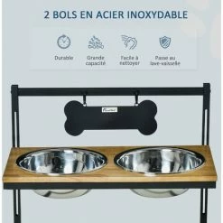 PawHut Gamelle Double Chien Porte-gamelles Surélevé Hauteur Réglable Dim. 58L X 32l X 50H Cm 2 Gamelles Acier Inox. Incluses Plateau Aspect Bois Clair - Beige -PawHut Soldes Boutique 46382427 4