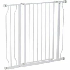 PawHut Barrière De Sécurité Animaux - Longueur Réglable Dim. 75-95 Cm - Porte Double Verrouillage, Ouverture Double Sens -sans Perçage - Acier ABS Blanc - Blanc