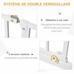 PawHut Barrière De Sécurité Animaux - Longueur Réglable Dim. 75-95 Cm - Porte Double Verrouillage, Ouverture Double Sens -sans Perçage - Acier ABS Blanc - Blanc -PawHut Soldes Boutique 46698984 5