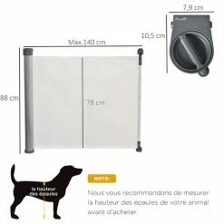 PawHut Barrière De Sécurité Barrière Animaux Rétractable Automatique Dim. 1,4L X 0,88H M Aluminium Maille PVC Blanc - Blanc -PawHut Soldes Boutique 46698997 3