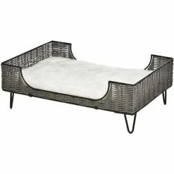 PawHut Canapé Chien Chat Style Cosy Chic Avec Coussin Aspect Fourrure Blanc - Pieds Acier En épingles - Dim. 84,5L X 55l X 28,5H Cm - Résine Tressée Grise - Gris