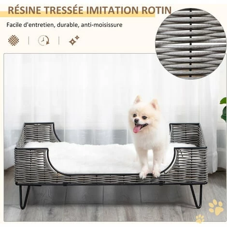 PawHut Canapé chien chat style cosy chic avec coussin aspect fourrure blanc - pieds acier en épingles - dim. 84,5L x 55l x 28,5H cm - résine tressée grise - Gris PawHut Canapé Chien Chat Style Cosy Chic Avec Coussin Aspect Fourrure Blanc - Pieds Acier En épingles - Dim. 84,5L X 55l X 28,5H Cm - Résine Tressée Grise - Gris -PawHut Soldes Boutique 47140944 4
