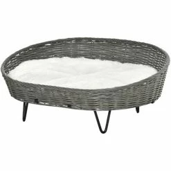 PawHut Canapé Chien Chat Style Cosy Chic Avec Coussin Aspect Fourrure Blanc - Pieds Acier En épingles - Dim. 76L X 59l X 32H Cm - Résine Tressée Grise - Gris