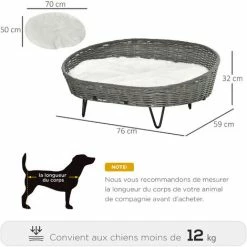 PawHut Canapé Chien Chat Style Cosy Chic Avec Coussin Aspect Fourrure Blanc - Pieds Acier En épingles - Dim. 76L X 59l X 32H Cm - Résine Tressée Grise - Gris -PawHut Soldes Boutique 47140948 3