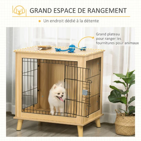 PawHut Cage pour chien sur pied style scandinave - dim. 73L x 55l x 78H cm - porte verrouillable - acier noir panneaux particules aspect bois clair PawHut Cage Pour Chien Sur Pied Style Scandinave - Dim. 73L X 55l X 78H Cm - Porte Verrouillable - Acier Noir Panneaux Particules Aspect Bois Clair -PawHut Soldes Boutique 47489051 5