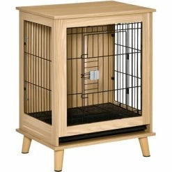 PawHut Cage Pour Chien Sur Pied Style Scandinave - Dim. 64L X 48l X 83H Cm - Porte Verrouillable, Plateau Déjection Coulissant - Acier Noir Panneaux Particules Aspect Bois Clair - Beige