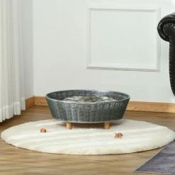 PawHut Canapé Chien Lit Pour Chien Panier Chat Design Scandinave Avec Coussin Aspect Fourrure Dim. Ø 60 X 23,5H Cm Pieds Bois Pin Résine Tressée Gris - Gris -PawHut Soldes Boutique 47489059 4