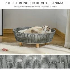 PawHut Canapé Chien Lit Pour Chien Panier Chat Design Scandinave Avec Coussin Aspect Fourrure Dim. Ø 60 X 23,5H Cm Pieds Bois Pin Résine Tressée Gris - Gris -PawHut Soldes Boutique 47489059 5