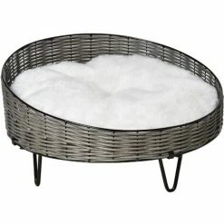PawHut Panier Chien Chat Style Cosy Chic Avec Coussin Aspect Fourrure Blanc - Pieds Acier En épingles - Ø 60 X 32H Cm - Résine Tressée Grise