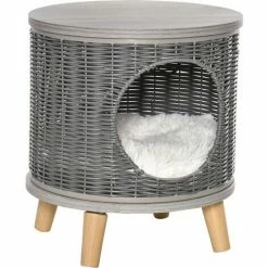 PawHut Maison Pour Chat Panier Chat Style Scandinave Coussin Aspect Fourrure Blanc Inclus Dim. Ø 36 X 40,5H Cm Pieds Bois Pin Résine Tressée Gris - Gris