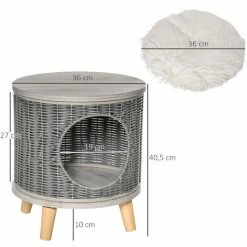 PawHut Maison Pour Chat Panier Chat Style Scandinave Coussin Aspect Fourrure Blanc Inclus Dim. Ø 36 X 40,5H Cm Pieds Bois Pin Résine Tressée Gris - Gris -PawHut Soldes Boutique 47489074 3