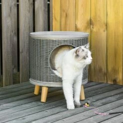 PawHut Maison Pour Chat Panier Chat Style Scandinave Coussin Aspect Fourrure Blanc Inclus Dim. Ø 36 X 40,5H Cm Pieds Bois Pin Résine Tressée Gris - Gris -PawHut Soldes Boutique 47489074 4