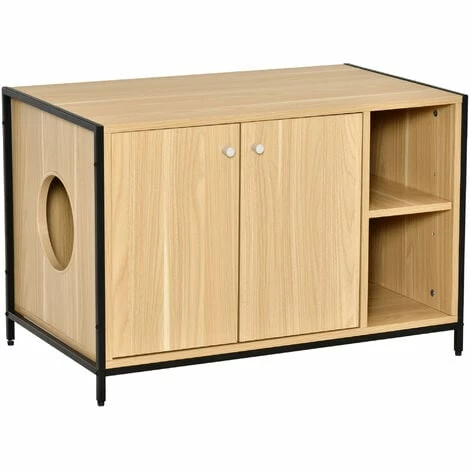 PawHut Maison de toilette pour chat 2 portes avec entrée latérale 2 niches plateau châssis acier panneaux particules aspect bois clair - Beige PawHut Maison De Toilette Pour Chat 2 Portes Avec Entrée Latérale 2 Niches Plateau Châssis Acier Panneaux Particules Aspect Bois Clair - Beige -PawHut Soldes Boutique 47489082 1