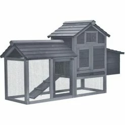 PawHut Petit Poulailler Cottage Cage à Poules Sur Pied Dim. 151L X 54l X 87H Cm Multi-équipement Bois Massif De Pin Gris - Gris