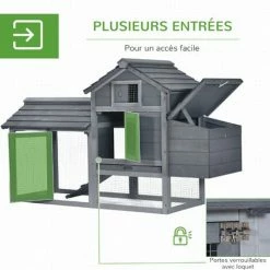 PawHut Petit Poulailler Cottage Cage à Poules Sur Pied Dim. 151L X 54l X 87H Cm Multi-équipement Bois Massif De Pin Gris - Gris -PawHut Soldes Boutique 48140046 4