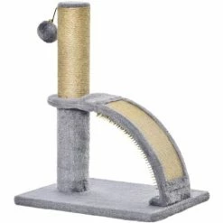 PawHut Arbre à Chat Griffoir Grattoir Design Jeu Boule Suspendue + Demi-arc De Massage Peluche Jute Naturelle Gris - Gris