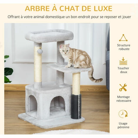 PawHut Arbre à chat griffoirs sisal naturel et massant grande niche plateforme panier jeu boule suspendue peluche gris PawHut Arbre à Chat Griffoirs Sisal Naturel Et Massant Grande Niche Plateforme Panier Jeu Boule Suspendue Peluche Gris -PawHut Soldes Boutique 48441525 4