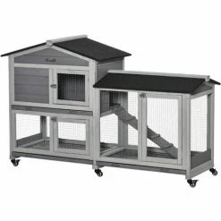 PawHut Clapier Sur Roulettes Cage à Lapins Rongeurs 2 Niveaux 3 Portes Verrouillables Tiroirs à Déjection Toit Intégral Bitumé 157L X 53l X 99H Cm Bois Sapin Gris - Gris