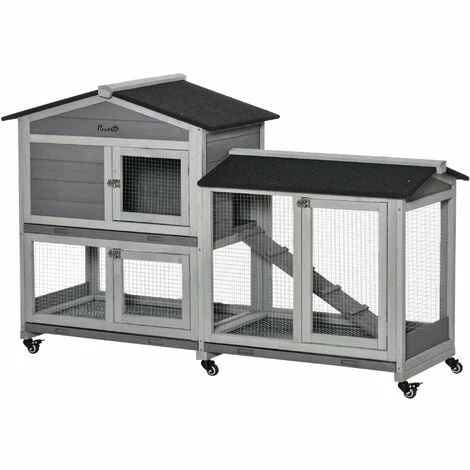 PawHut Clapier sur roulettes cage à lapins rongeurs 2 niveaux 3 portes verrouillables tiroirs à déjection toit intégral bitumé 157L x 53l x 99H cm bois sapin gris - Gris PawHut Clapier Sur Roulettes Cage à Lapins Rongeurs 2 Niveaux 3 Portes Verrouillables Tiroirs à Déjection Toit Intégral Bitumé 157L X 53l X 99H Cm Bois Sapin Gris - Gris -PawHut Soldes Boutique 48873319 1