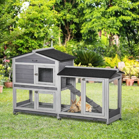 PawHut Clapier sur roulettes cage à lapins rongeurs 2 niveaux 3 portes verrouillables tiroirs à déjection toit intégral bitumé 157L x 53l x 99H cm bois sapin gris - Gris PawHut Clapier Sur Roulettes Cage à Lapins Rongeurs 2 Niveaux 3 Portes Verrouillables Tiroirs à Déjection Toit Intégral Bitumé 157L X 53l X 99H Cm Bois Sapin Gris - Gris -PawHut Soldes Boutique 48873319 2