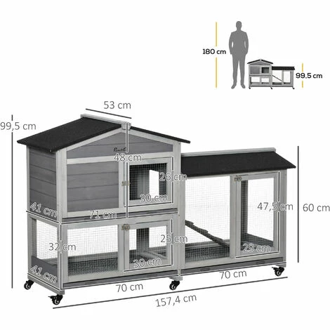 PawHut Clapier sur roulettes cage à lapins rongeurs 2 niveaux 3 portes verrouillables tiroirs à déjection toit intégral bitumé 157L x 53l x 99H cm bois sapin gris - Gris PawHut Clapier Sur Roulettes Cage à Lapins Rongeurs 2 Niveaux 3 Portes Verrouillables Tiroirs à Déjection Toit Intégral Bitumé 157L X 53l X 99H Cm Bois Sapin Gris - Gris -PawHut Soldes Boutique 48873319 3