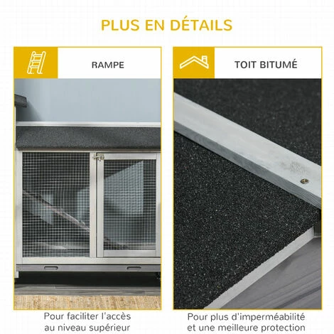 PawHut Clapier sur roulettes cage à lapins rongeurs 2 niveaux 3 portes verrouillables tiroirs à déjection toit intégral bitumé 157L x 53l x 99H cm bois sapin gris - Gris PawHut Clapier Sur Roulettes Cage à Lapins Rongeurs 2 Niveaux 3 Portes Verrouillables Tiroirs à Déjection Toit Intégral Bitumé 157L X 53l X 99H Cm Bois Sapin Gris - Gris -PawHut Soldes Boutique 48873319 4