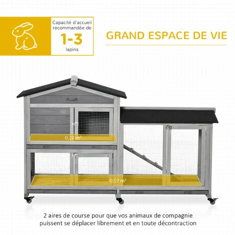 PawHut Clapier sur roulettes cage à lapins rongeurs 2 niveaux 3 portes verrouillables tiroirs à déjection toit intégral bitumé 157L x 53l x 99H cm bois sapin gris - Gris PawHut Clapier Sur Roulettes Cage à Lapins Rongeurs 2 Niveaux 3 Portes Verrouillables Tiroirs à Déjection Toit Intégral Bitumé 157L X 53l X 99H Cm Bois Sapin Gris - Gris -PawHut Soldes Boutique 48873319 5