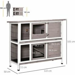PawHut Clapier à Lapin Cage à Lapin 2 étages Trappe De Séparation Amovible 4 Portes Verrouillables 2 Plateaux Coulissants Rampe Toit Ouvrant Bois De Sapin Gris Blanc -PawHut Soldes Boutique 49183670 3