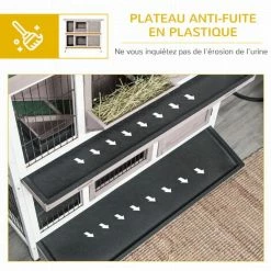 PawHut Clapier à Lapin Cage à Lapin 2 étages Trappe De Séparation Amovible 4 Portes Verrouillables 2 Plateaux Coulissants Rampe Toit Ouvrant Bois De Sapin Gris Blanc -PawHut Soldes Boutique 49183670 4