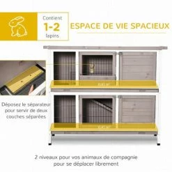 PawHut Clapier à Lapin Cage à Lapin 2 étages Trappe De Séparation Amovible 4 Portes Verrouillables 2 Plateaux Coulissants Rampe Toit Ouvrant Bois De Sapin Gris Blanc -PawHut Soldes Boutique 49183670 5
