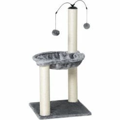 PawHut Arbre à Chat 2 Griffoirs Grattoirs Sisal Naturel Hamac Jeu 2 Boules Suspendues Peluche Haute Densité 400 G/m² Gris