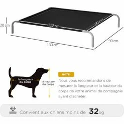 PawHut Lit Pour Chien Chat XXL Grand Confort Sur Pied Dim. 130L X 90l X 20H Cm Métal époxy Textilène Micro-perforé Noir -PawHut Soldes Boutique 50909198 3