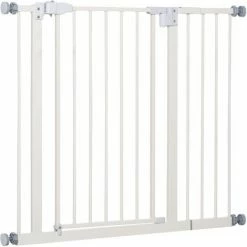 PawHut Barrière De Sécurité Animaux - Longueur Réglable Dim. 74-97,5 Cm - Porte Double Verrouillage, Ouverture Double Sens -sans Perçage - Acier Plastique Blanc - Blanc
