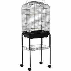 PawHut Cage à Oiseaux Volière Amovible Sur Roulettes - Toit Ouvrant, Tiroir Déjection, 2 Perchoirs, 2 Trappes, Porte, 2 Mangeoires, 2 Poignées - étagère - Acier PP Noir - Noir