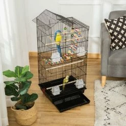 PawHut Cage à Oiseaux Volière Dim. 46L X 36l X 100H Cm - 4 Mangeoires, 3 Perchoirs, Balançoire, 2 Portes, 9 Trappes, échelle, 2 Jouets Suspendus, Plateau Déjection - PP Acier Noir -PawHut Soldes Boutique 50909207 4