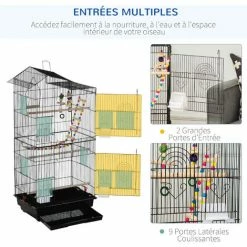 PawHut Cage à Oiseaux Volière Dim. 46L X 36l X 100H Cm - 4 Mangeoires, 3 Perchoirs, Balançoire, 2 Portes, 9 Trappes, échelle, 2 Jouets Suspendus, Plateau Déjection - PP Acier Noir -PawHut Soldes Boutique 50909207 5