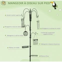 PawHut Mangeoire à Oiseaux Complet H.2,26 M Style Rustique Chic - 6 Crochets Réglables, 4 Mangeoires, Plateau D'alimentation, Grand Bain, 4 Piquets D'ancrage Au Sol - Acier époxy Aspect Fer Forgé - Noir -PawHut Soldes Boutique 50909209 4