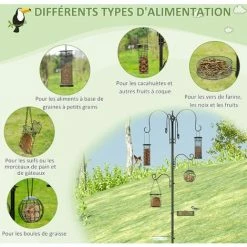 PawHut Mangeoire à Oiseaux Complet H.2,26 M Style Rustique Chic - 6 Crochets Réglables, 4 Mangeoires, Plateau D'alimentation, Grand Bain, 4 Piquets D'ancrage Au Sol - Acier époxy Aspect Fer Forgé - Noir -PawHut Soldes Boutique 50909209 5