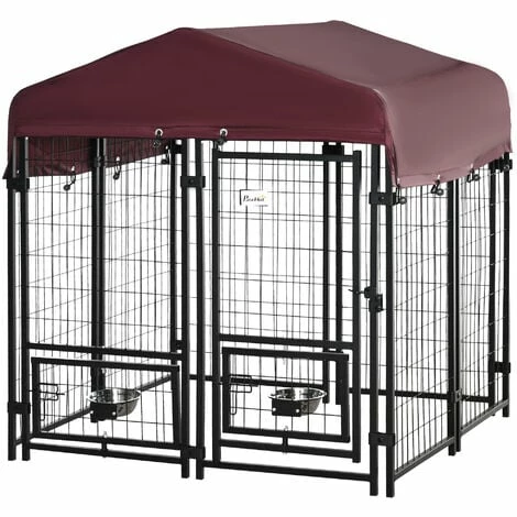 PawHut Chenil extérieur pour chien - cage chien - enclos chien - toile toit imperméable anti-UV, porte verrouillable, 2 bols rotatifs - acier noir oxford pourpre - Noir PawHut Chenil Extérieur Pour Chien - Cage Chien - Enclos Chien - Toile Toit Imperméable Anti-UV, Porte Verrouillable, 2 Bols Rotatifs - Acier Noir Oxford Pourpre - Noir -PawHut Soldes Boutique 51254840 1