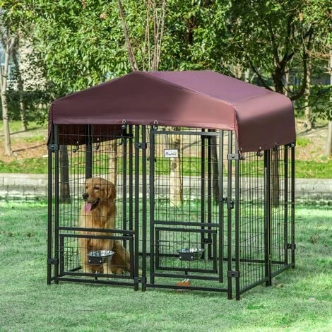 PawHut Chenil extérieur pour chien - cage chien - enclos chien - toile toit imperméable anti-UV, porte verrouillable, 2 bols rotatifs - acier noir oxford pourpre - Noir PawHut Chenil Extérieur Pour Chien - Cage Chien - Enclos Chien - Toile Toit Imperméable Anti-UV, Porte Verrouillable, 2 Bols Rotatifs - Acier Noir Oxford Pourpre - Noir -PawHut Soldes Boutique 51254840 2